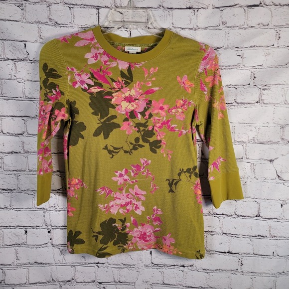 Sundance Floral Waffle Knit Top Green Multi Size Medium Boho 3/4 Sleeve - Picture 2 of 5